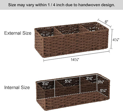 StorageWorks 3-Section Wicker Baskets for Shelves, Hand-Woven Round Paper Rope Storage Baskets, Walnut, 2-Pack
