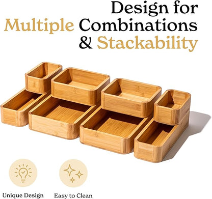SMIRLY 8-Piece Bamboo Kitchen Drawer Organizer Set for Large and Small Utensils, Multi-use Storage Box - Bathroom, Nightstand, Jewelry, Cutlery, Knife, Spice, Towel, Junk Drawer Tray