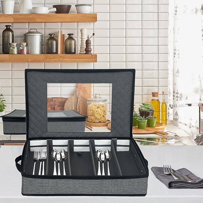 2 Pack Flatware Utensil Storage - Sturdy Silverware Storage Box with Dividers, 5 Compartment Flatware Storage Case with Handles and Removable Lid for Moving&Protected(Dark Gray)