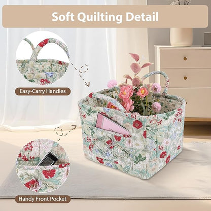 Storage Basket Boho Fabric Large Collapsible Floral Laundry Nursery Hamper Portable Folding Storage for Clothes Toys (Light Green B)