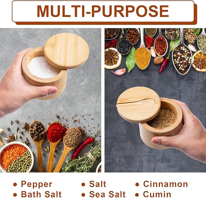 Husfunov Bamboo Salt Cellar, Salt Box with Magnetic Swivel Lid, Spice Box with Spoon, Round Salt Container for Storing Salt Pepper Sugar Herbs,6 Ounce Capacity