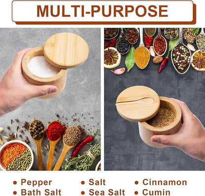 Husfunov Bamboo Salt Cellar, Salt Box with Magnetic Swivel Lid, Spice Box with Spoon, Round Salt Container for Storing Salt Pepper Sugar Herbs,6 Ounce Capacity