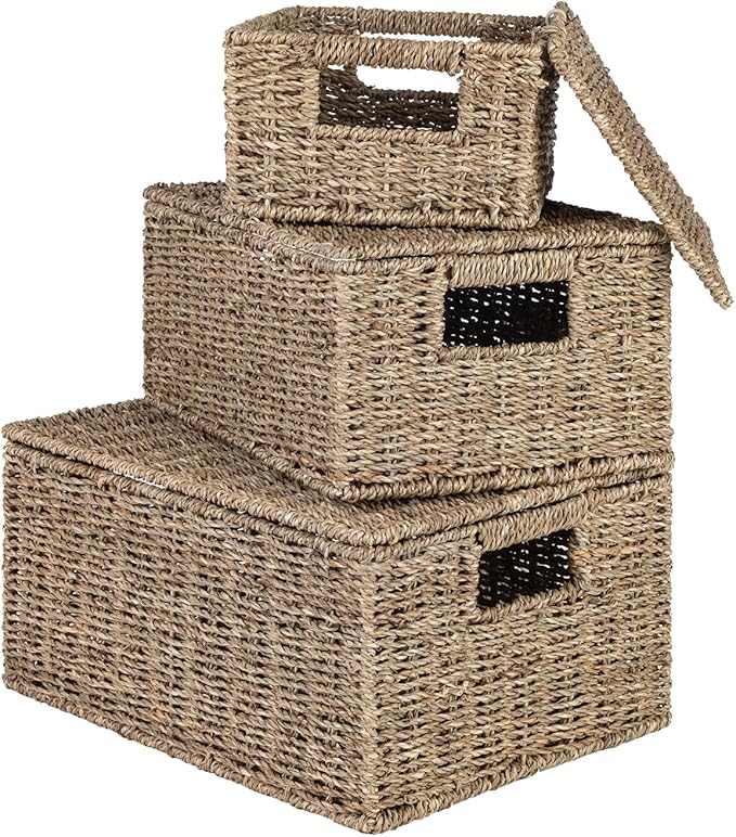 Wicker Storage Baskets with Lid, Hand-Woven Rectangular Wicker Basket with Lid for Bedroom & Living Room, Nesting Rattan Basket with Lid for Shelves (Seagrass, Set of 3）