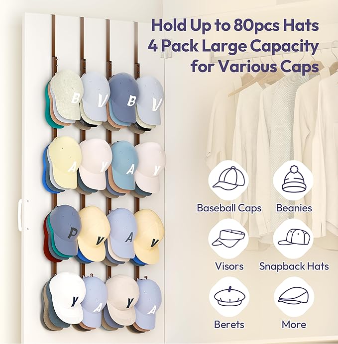 SWTYMIKI Over Door Hat Organizer - 4 Packs Metal Hanging Hat Rack with 16 Hooks Design, Baseball Cap Hanger Organizer Storage Holds up to 80 Caps for Door, Bedroom, Closet