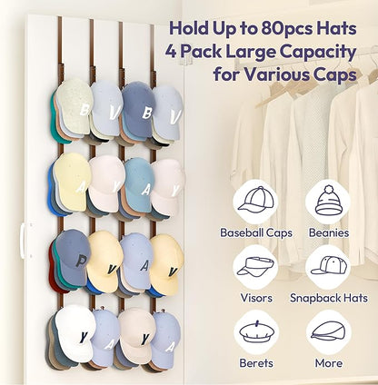 SWTYMIKI Over Door Hat Organizer - 4 Packs Metal Hanging Hat Rack with 16 Hooks Design, Baseball Cap Hanger Organizer Storage Holds up to 80 Caps for Door, Bedroom, Closet