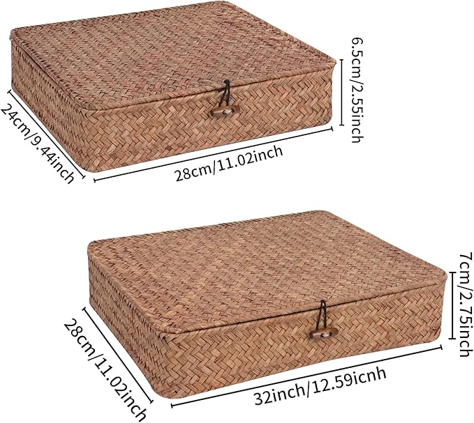 Moosky Flat Wicker Shelf Baskets with Lid, Handwoven Seagrass Basket Boxes for Storage Baskets Bins Home Decor Organizer (Coffee Set of 2)