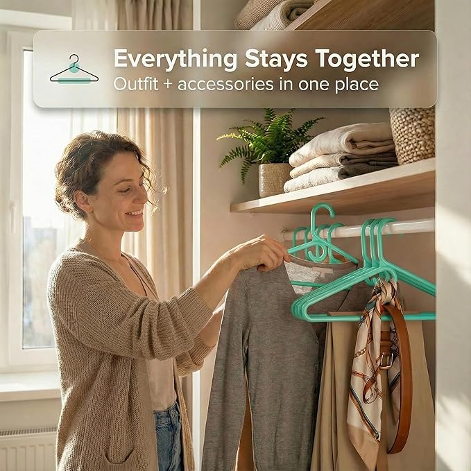 DEILSY™ Aqua Heavy Duty Hangers with Hooks for Scarves & Belts – Thick and Strong Clothes Hangers for Shirts, Jackets, Pants, and Dresses – Space-Saving Plastic Hangers – Pack of 50