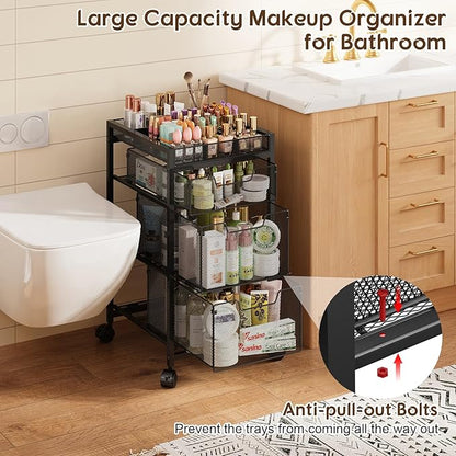 JKsmart Rolling Makeup Cart Organizer with 3 Drawers, Cosmetics Display with Dividers, Floor Skincare Storage with Wheels, Versatile Vanity Organizer for Nail Polish Perfume Brush Hair Tool, Black