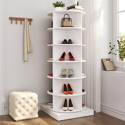 Rotating Shoe Rack Tower, 6-Tier Spinning Shoe Rack, Free Standing 360° Revolving Shoe Organizer Can Hold 24 Pairs of Shoes for Entryway Living Room Hallway (6-Tier, White)