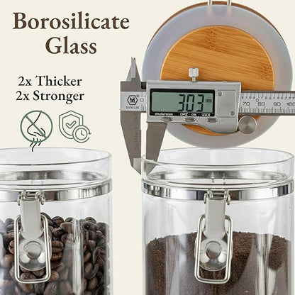 Airtight Coffee Canister with Scoop | Curated Glass Storage Set for Beans, Grounds & Sugar | 9-Piece Ritual Organizer with Bamboo Base, Versatile Artisan Spoon, Labels & Cleaning Brush