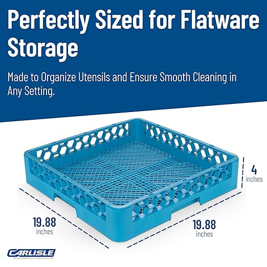 Carlisle FoodService Products OptiClean Combination Flatware Rack for Commercial Dishwashers – Open Bottom Grid Design, Holds Flatware, Ramekins, and Smallwares, 19.75" x 19.75", Blue