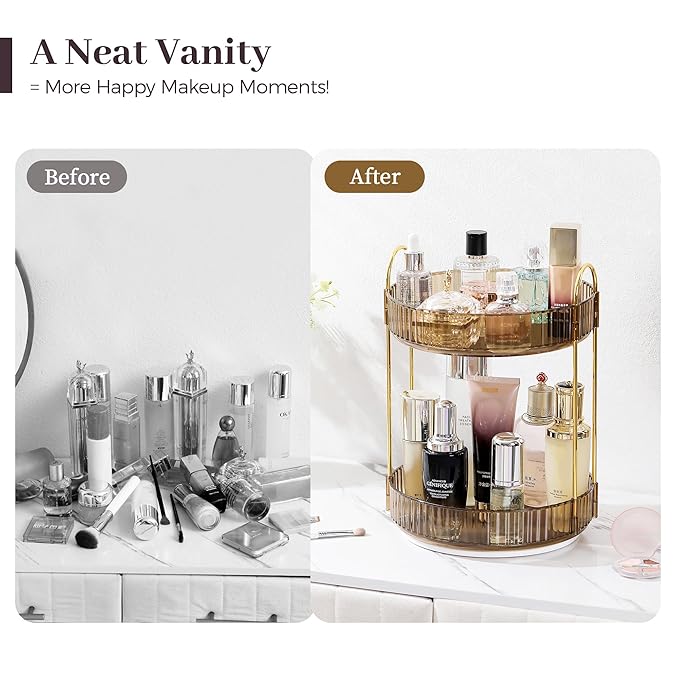 Aveniee 360 Rotating Makeup Organizer for Vanity, Perfume Sincare Organizers Bathroom Countertop Storage, Clear Cosmetics Lipstick Holder for Dresser,2 Tiers, Brown