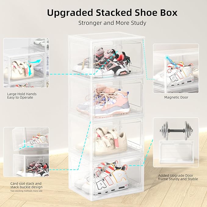 8 Pack Drop Side Shoe Box, XL Entryway Shoe Storage Box, Clear Shoe Storage Boxes Stackable Suitable for Sneakers, Casual Shoes(Clear)