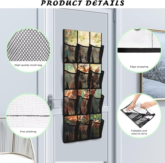 Hanging Shoe Organizer, Giraffe No Dril Over Door Hanging Storage Bag 12 Large Mesh Pockets Closet Door Hanging Shoe Rack Organizer for Bedroom Bathroom Office Nursery