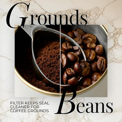 STYLED SETTINGS Vacuum Coffee Container Set – 2 Piece Coffee Jars with Lids for Beans or Grounds, White and Gold Stainless Steel Storage Canisters, Scoop & Labels Included – Coffee Gift Set