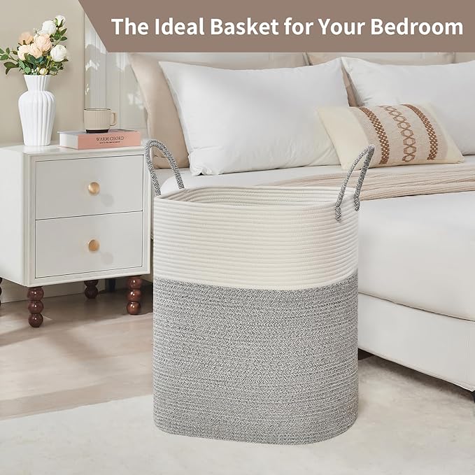 AINUOQI Laundry Basket with Handles - Blanket Basket & Hampers for Bedroom Aesthetic, Laundry Hamper & Blanket Storage for Living Room, Clothes Hamper, Tall, Large 17" x 14" x 24”, White & Grey