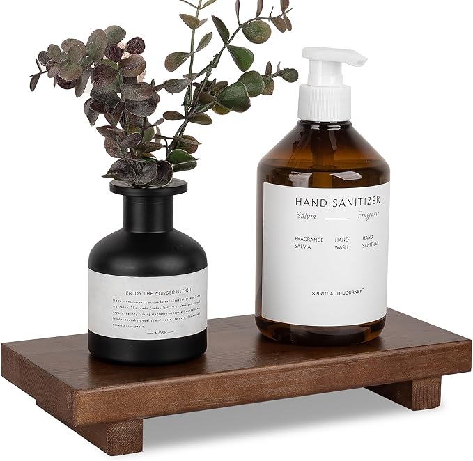 Bathroom Counter Organizer Wood Pedestal Stand Farmhouse Decorative Tray Soap Holder for Kitchen Decor, Large 10" x 4.5" - Walnut