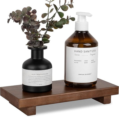 Bathroom Counter Organizer Wood Pedestal Stand Farmhouse Decorative Tray Soap Holder for Kitchen Decor, Large 10" x 4.5" - Walnut