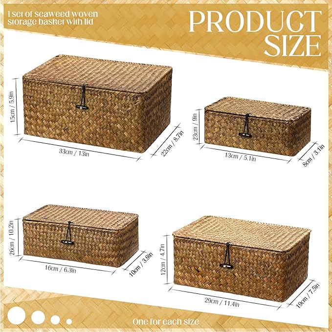 Woanger Set of 4 Wicker Storage Baskets Organizer，Handwoven Storage Bins with Lid for Organizing, Home Utility Box for Home Office Supplies Multipurpose Container(Retro Color)