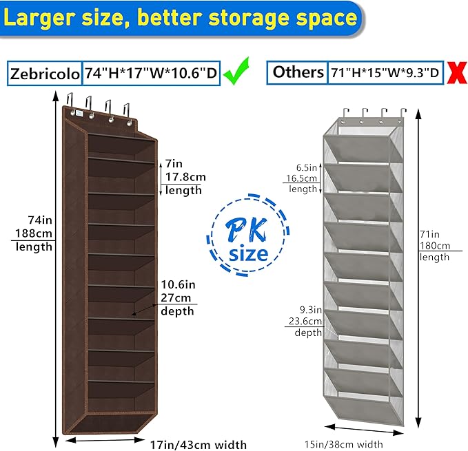 Over the Door Shoe Organizer, 20 to 30 Pairs Hanging Shoe Holder, Heavy Duty Extra Deep Pockets Shoe Storage for Closet, Anti-Scratch Hooks & FSC-Certified Bamboo - Coffee