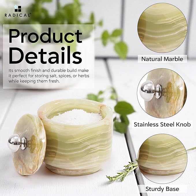 Radicaln Marble Salt Cellar with Lid 3" Green Handmade Salt Box & Spice Jar for Kitchen Counter, Ideal Salt Holder, Sugar Bowl & Salt Dish, Salt Container For Housewarming Gift & Kitchen Decor