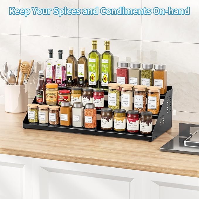 BOIVSHI Spice Organizer, Spice Rack for Expandable 3-Tier, Spice Organization for Cabinet Expandable Width and Adjustable Height, Seasoning Organizer for Cabinet, Countertop, Pantry, Black