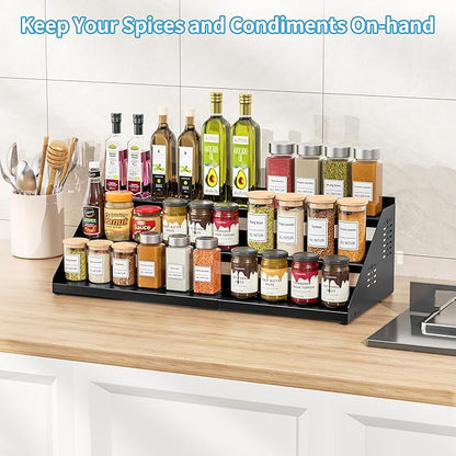 BOIVSHI Spice Organizer, Spice Rack for Expandable 3-Tier, Spice Organization for Cabinet Expandable Width and Adjustable Height, Seasoning Organizer for Cabinet, Countertop, Pantry, Black