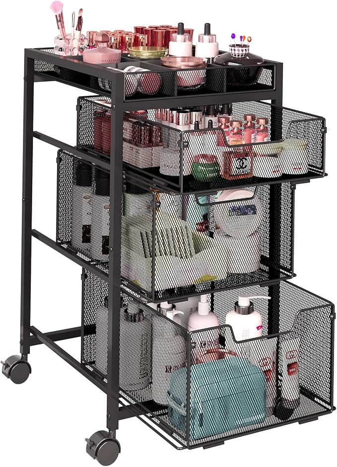 JKsmart Rolling Makeup Cart Organizer with 3 Drawers, Cosmetics Display with Dividers, Floor Skincare Storage with Wheels, Versatile Vanity Organizer for Nail Polish Perfume Brush Hair Tool, Black