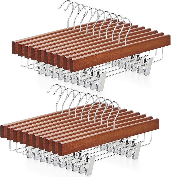 TOPIA HANGER Walnut Wood Pants Hangers, Wooden Skirt Short Jeans Trouser Hanger with Smooth Surface 360° Swivel Hook Anti Rust 2 Adjustable Clips, 20 Pack, CT10PWA20