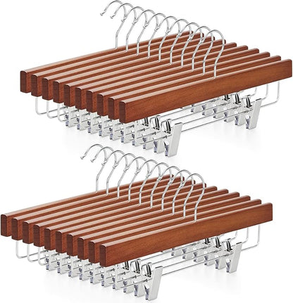 TOPIA HANGER Walnut Wood Pants Hangers, Wooden Skirt Short Jeans Trouser Hanger with Smooth Surface 360° Swivel Hook Anti Rust 2 Adjustable Clips, 20 Pack, CT10PWA20