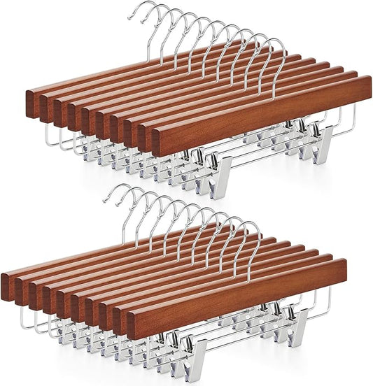 TOPIA HANGER Walnut Wood Pants Hangers, Wooden Skirt Short Jeans Trouser Hanger with Smooth Surface 360° Swivel Hook Anti Rust 2 Adjustable Clips, 20 Pack, CT10PWA20