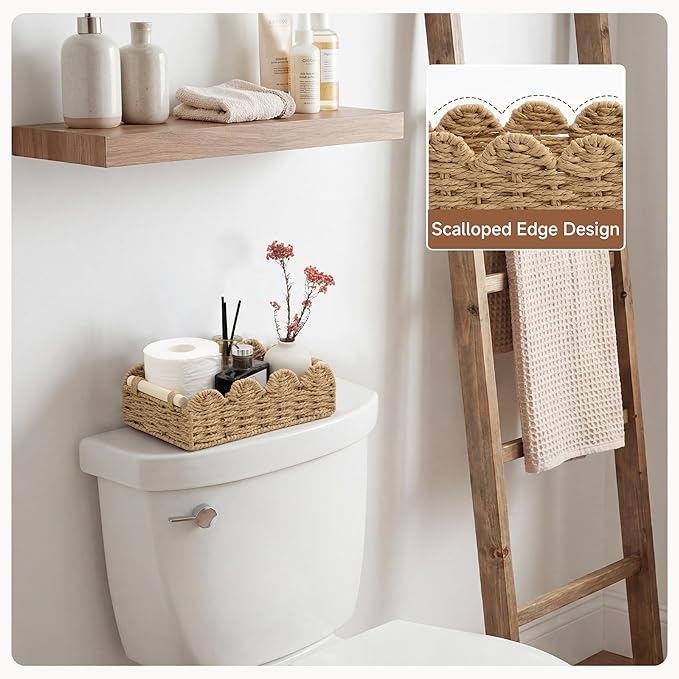 StorageWorks Toilet Paper Storage Basket 2 Pack, Toilet Basket with Wooden Handles, Small Wicker Decorative Scalloped Baskets for Organizing, Living Room, Shelves, Brown Rope Baskets