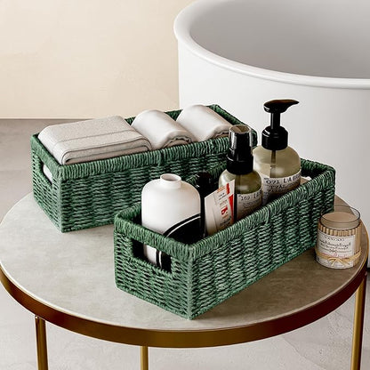Vagusicc Wicker Storage Basket, Paper Rope Wicker Baskets with Handles, Toilet Paper Basket for Toilet Tank Top, Small Wicker Baskets for Organizing Shelves, 2-Pack, Green
