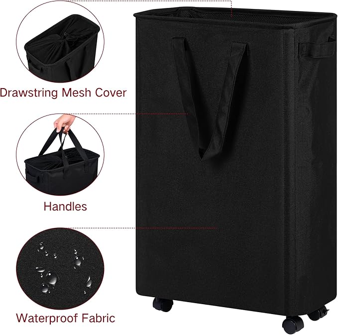 efluky Slim Laundry Hamper with Wheels, Rolling Laundry Basket for Clothes, Small Laundry Basket for Bedroom, Dorm and Laundry Room, 60L (12.7 Gallons) Black