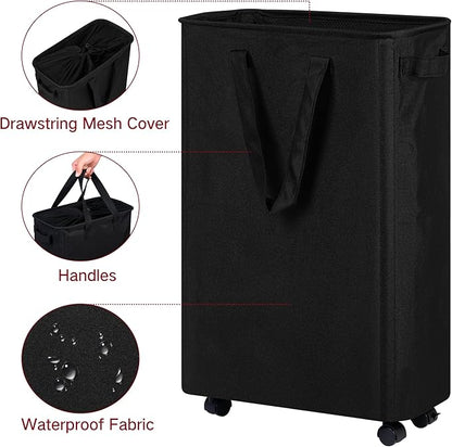 efluky Slim Laundry Hamper with Wheels, Rolling Laundry Basket for Clothes, Small Laundry Basket for Bedroom, Dorm and Laundry Room, 60L (12.7 Gallons) Black