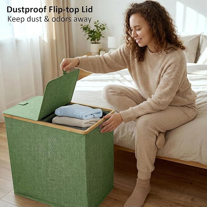 efluky Laundry Hamper with Lid, Double Laundry Basket with 2 Removable Bags, 2 Section Laundry Bin with Bamboo Handles for Bathroom, Bedroom & Laundry Room, 140L (36.9 Gallon) Sage Green