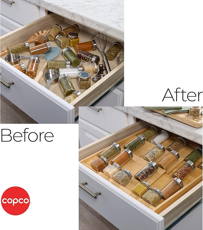 Copco 4 Tier Expandable Bamboo Spice Organizer for Drawers, Adjustable from 12.2 inch to 23 Inch, In Drawer Rack for Kitchen, Holds 32 Jars, Durable & Eco-Friendly Spice Storage Solution