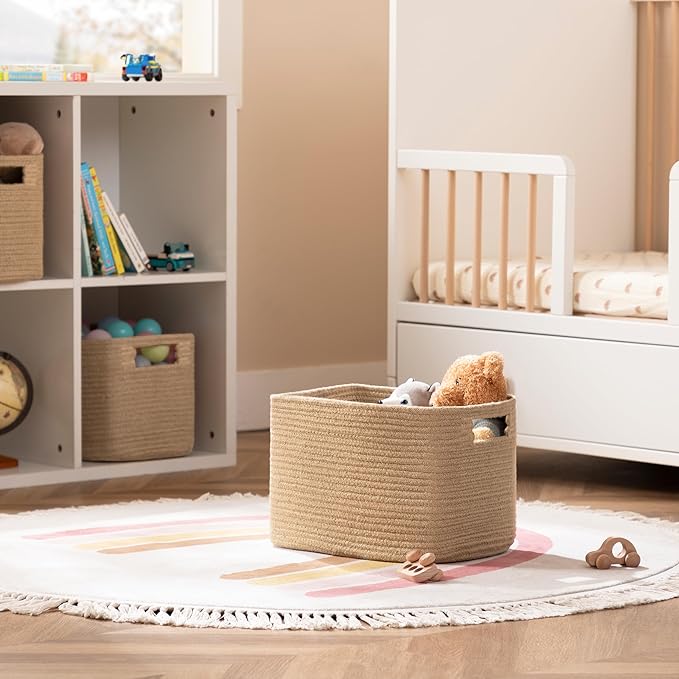 UBBCARE 4 Pack Storage Baskets for Organizing, Shelf Baskets with Handles, Woven Storage Baskets for Bookcase/Cube Shelf/Closet, 14.5"L x 9.8"W x 9"H, Jute