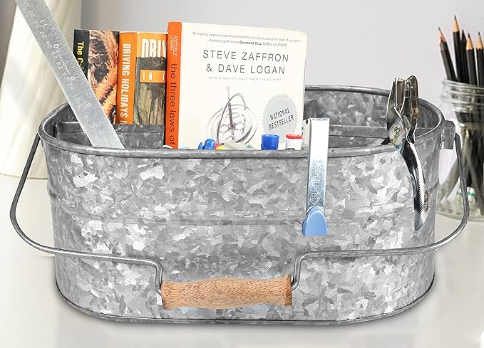 Light & Pro Multipurpose Galvanized Rustic Farmhouse Caddy - Metal 4 Compartment Storage Bin Caddy With Wooden Handle Perfect For Kitchen Utensils, Picnic, Garden Planter - Hammered - Antique Grey