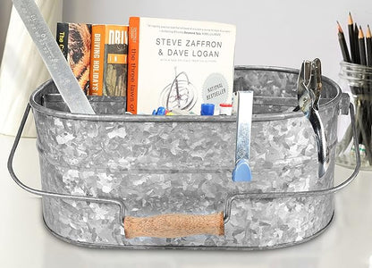 Light & Pro Multipurpose Galvanized Rustic Farmhouse Caddy - Metal 4 Compartment Storage Bin Caddy With Wooden Handle Perfect For Kitchen Utensils, Picnic, Garden Planter - Hammered - Antique Grey