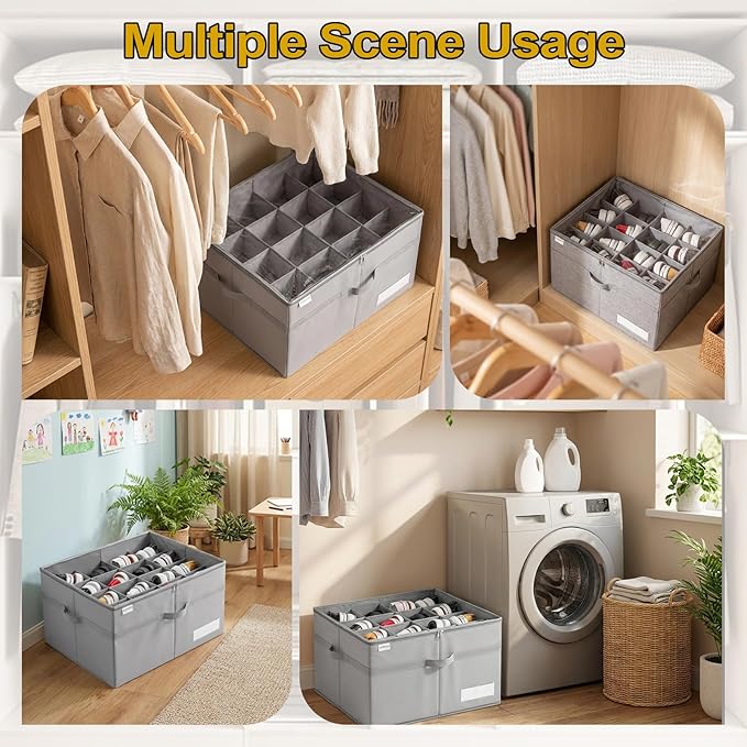 Shoe Organizer for Closet, Large Storage Box with 16 Compartments, Clear Vinyl Cover, Foldable, Heavy Duty, 21x16.5x13 Inches, Gray