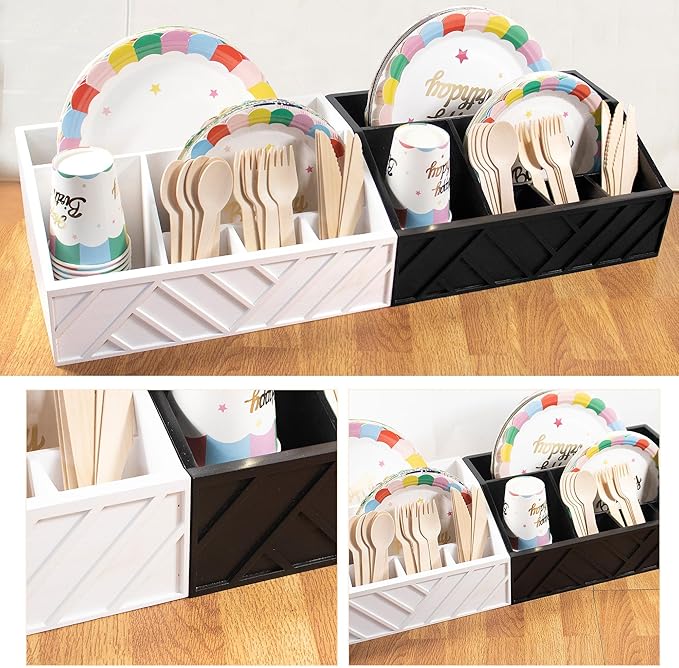Paper Plate Dispenser with 6 Compartments – Wooden Utensil & Silverware Caddy Holder for Party, BBQ, Camping – Disposable Cutlery Organizer for Kitchen Countertop or Buffet Station, White