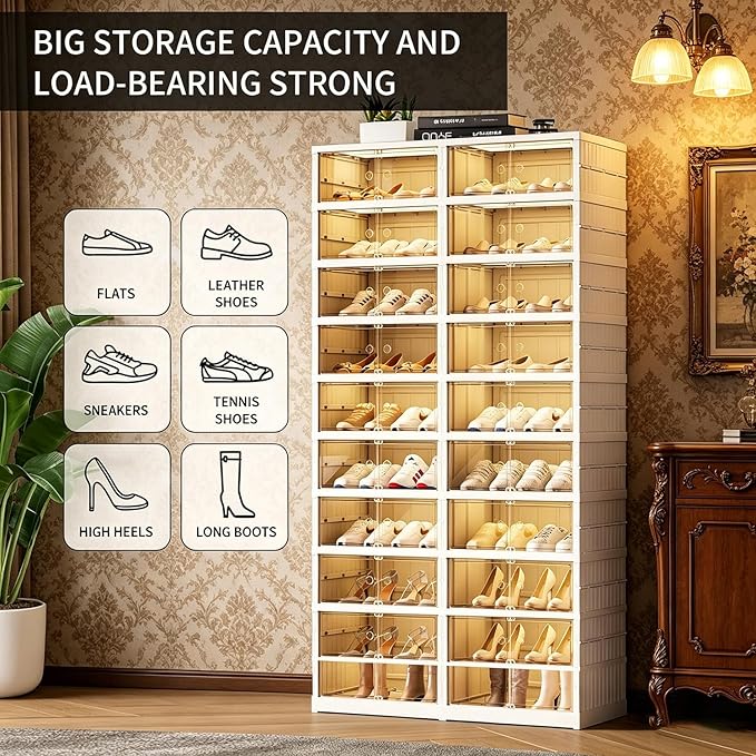 Shoe Rack Storage Cabinet Organizer 10 Tiers 40 Pairs Shoes Box Foldable Stackable Closet Shelf, Entryway, Living Room Large Container with Magnetic Clear Door, Dustproof for Sneakers & Boots