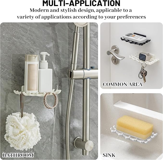 Shower Soap Holder for Wall, Adhesive Bar Soap Dish with Self Draining Grid, Side Hooks and No Drilling Mount, White, 2 Pack
