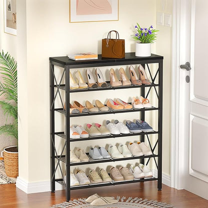 6-Tier Shoe Rack, Metal Shoe Stand with Wooden Top & 4 X Frames, Holds up to 24 Pairs, Sturdy Shoe Shelf for Entryway Closet Garage, Black