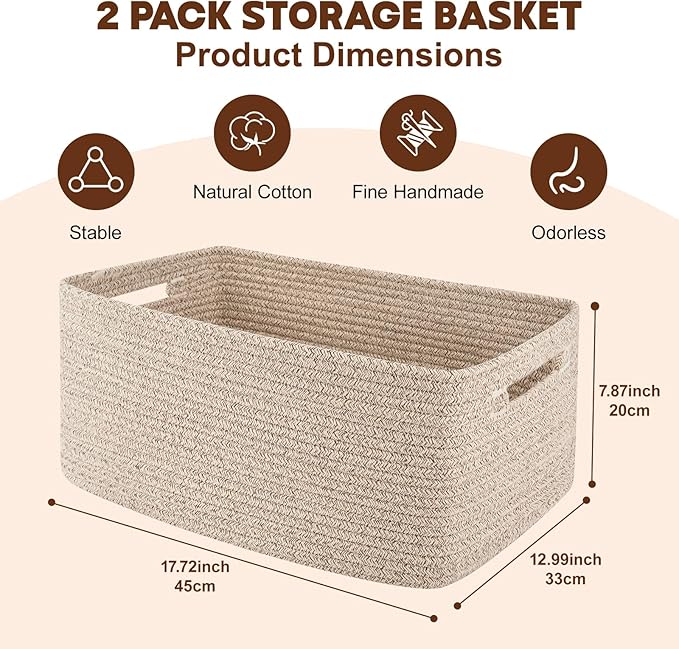 OIAHOMY Storage Basket for Shelves, Closet Cube Storage Bins Baskets for Clothes Blanket Towels, Baby Nursery, Toy Baskets Box, Woven Rope Basket, 17.72 * 12.99 * 7.87 IN, 2 Packs Brown