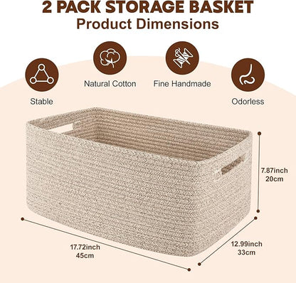 OIAHOMY Storage Basket for Shelves, Closet Cube Storage Bins Baskets for Clothes Blanket Towels, Baby Nursery, Toy Baskets Box, Woven Rope Basket, 17.72 * 12.99 * 7.87 IN, 2 Packs Brown