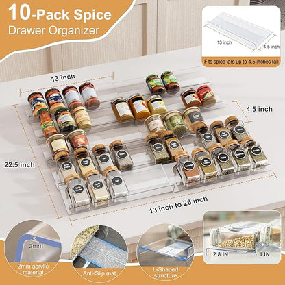10-Pack Adjustable Spice Drawer Organizer, Expandable Seasoning Rack Tray (13" to 26"), Acrylic Insert with Anti-Slip Mat for Kitchen Cabinet (Jars Not Included)