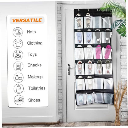Over the Door Shoe Organizer, 24 Pocket Breathable Mesh Hanging Shoe Organizer, Up to 40 Pounds Non Slip Shoe Holder, Sturdy over the Door Storage Fits for Size 13 Shoes 59x21 Hanging Shoe Organizer