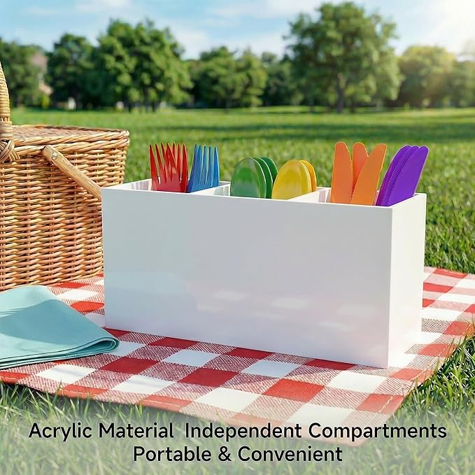 Daxolanz 3 Section Acrylic Cutlery Organizer for Countertop, Modern Flatware Storage Caddy for Spoons Forks Knives, Space Saving Utensil Holder for Kitchen, Cabinet or Dining Room (Medium)